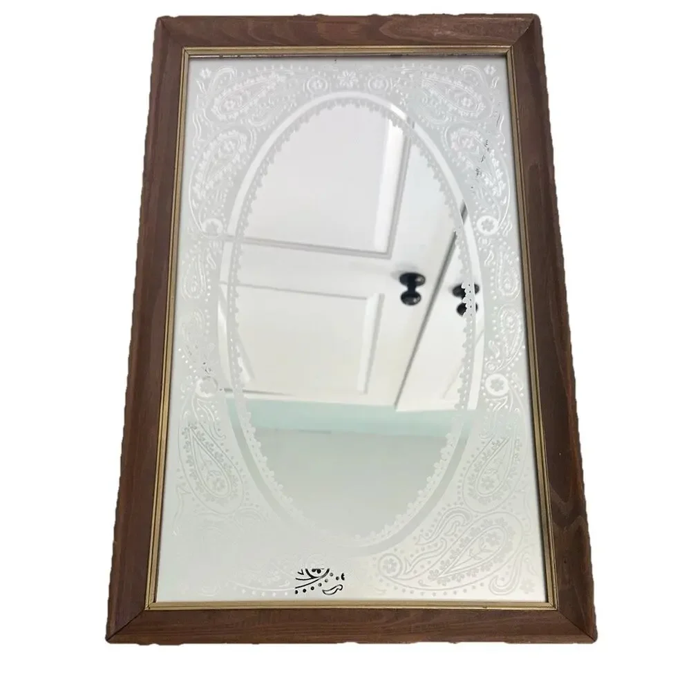 MCM Mirror 1980s Frosted Hang Glass Mirror Floral 23”x15” Frame